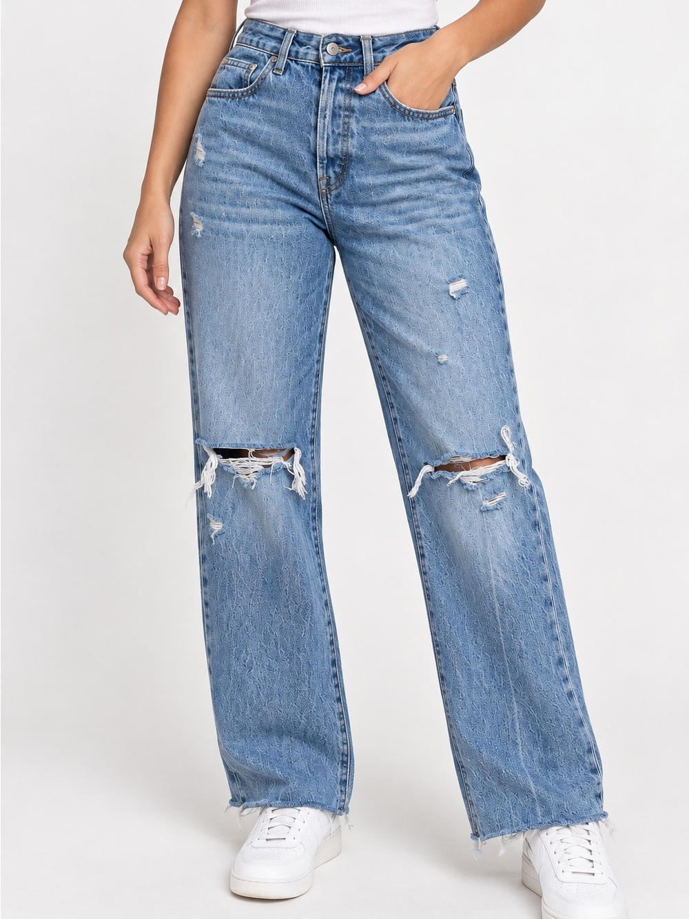 pistola Light Blue High-Rise Distressed Straight Leg Jeans